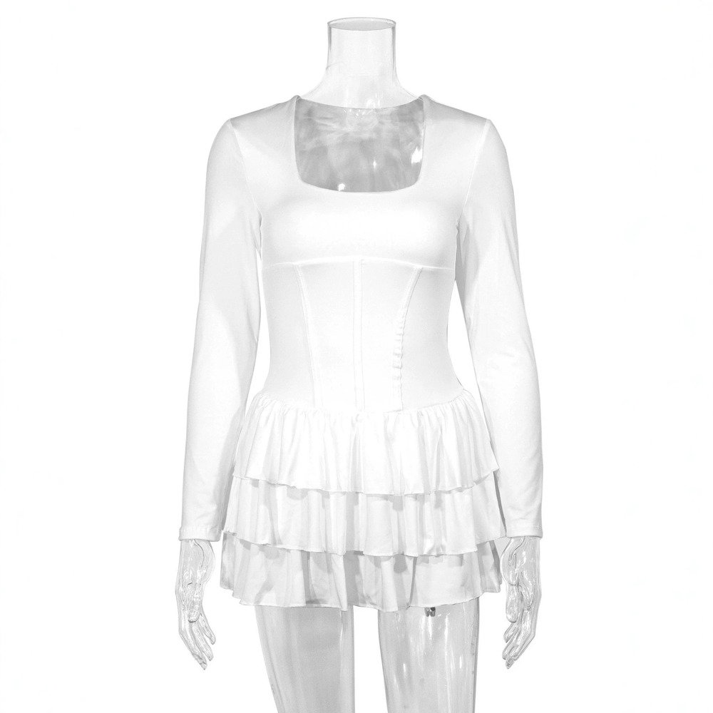 H&M White Long Sleeve Ruffle Mini Dress Sweet Sexy Slim Fit